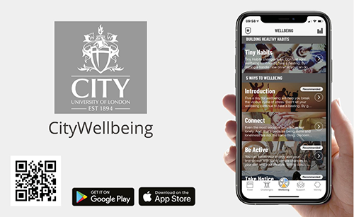 A hand holds up a smartphone displaying the introductory screen about the 5 ways to wellbeing. Also, a QRcode and logos for Google Play and the Apple App Store.