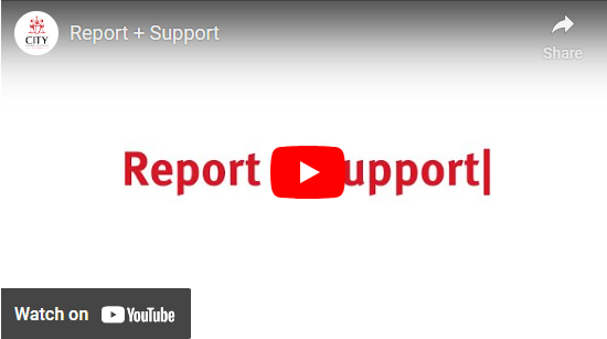 Image of the Report + Support Youtube video. Report + Support in black text on a white background with a 'play' arrow