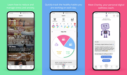 Three previews of the UniWellbeing App showing the introductory screen about the 5 ways to wellbeing, daily habits charts, and ‘Charley’, a personal digital wellness coach chatbot.