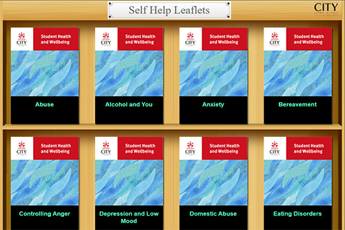 Bookshelf of digital leaflets available to download.